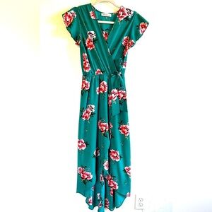 Dream of Me Green/Pink Rose Floral High Low Ruffle Sleeve V Neck Wrap Dress Sz S
